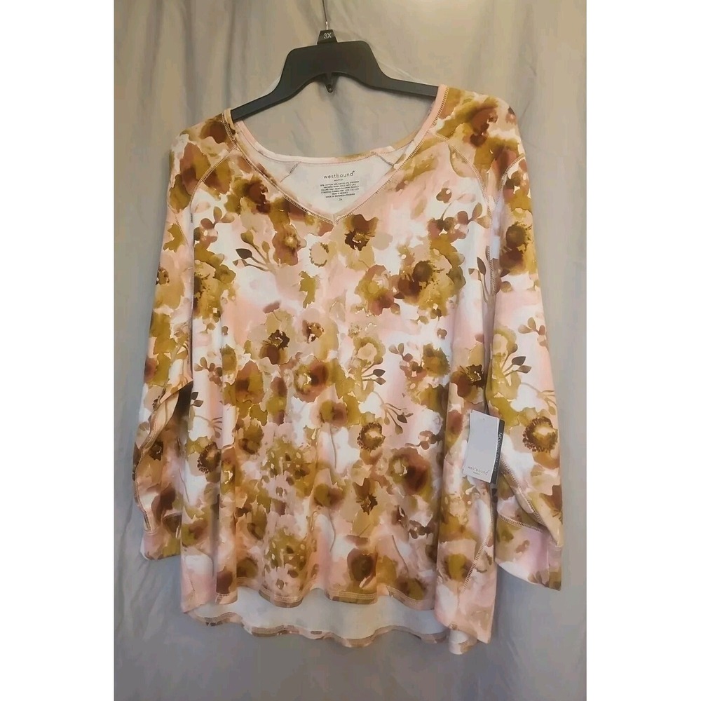 Westbound Woman 3X Plus 3/4 Sleeve V-Neck Top Floral Print Pink Multi NWT L518